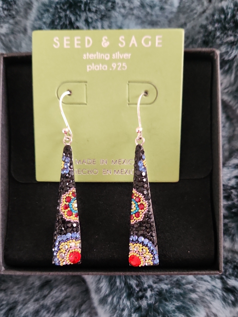 Black Multicolor Beaded Teardrop Earrings - Sterling Silver